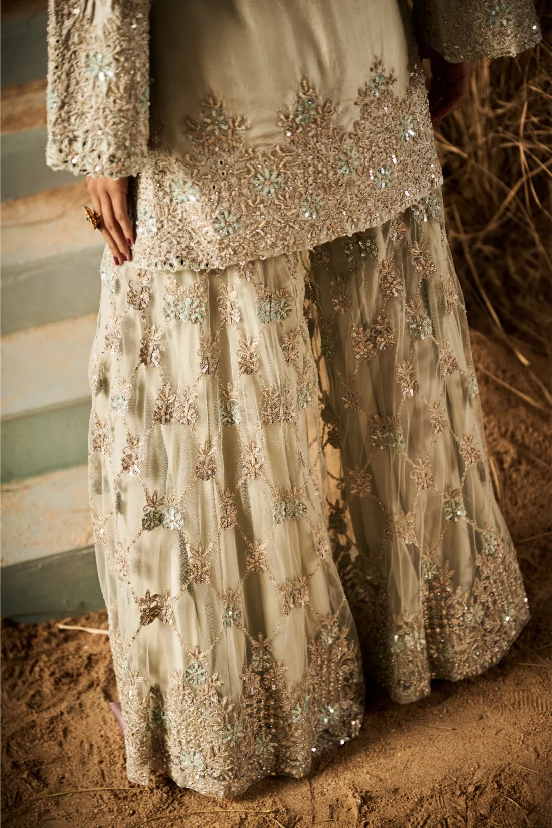 Sage Green Embroidered Sharara Set