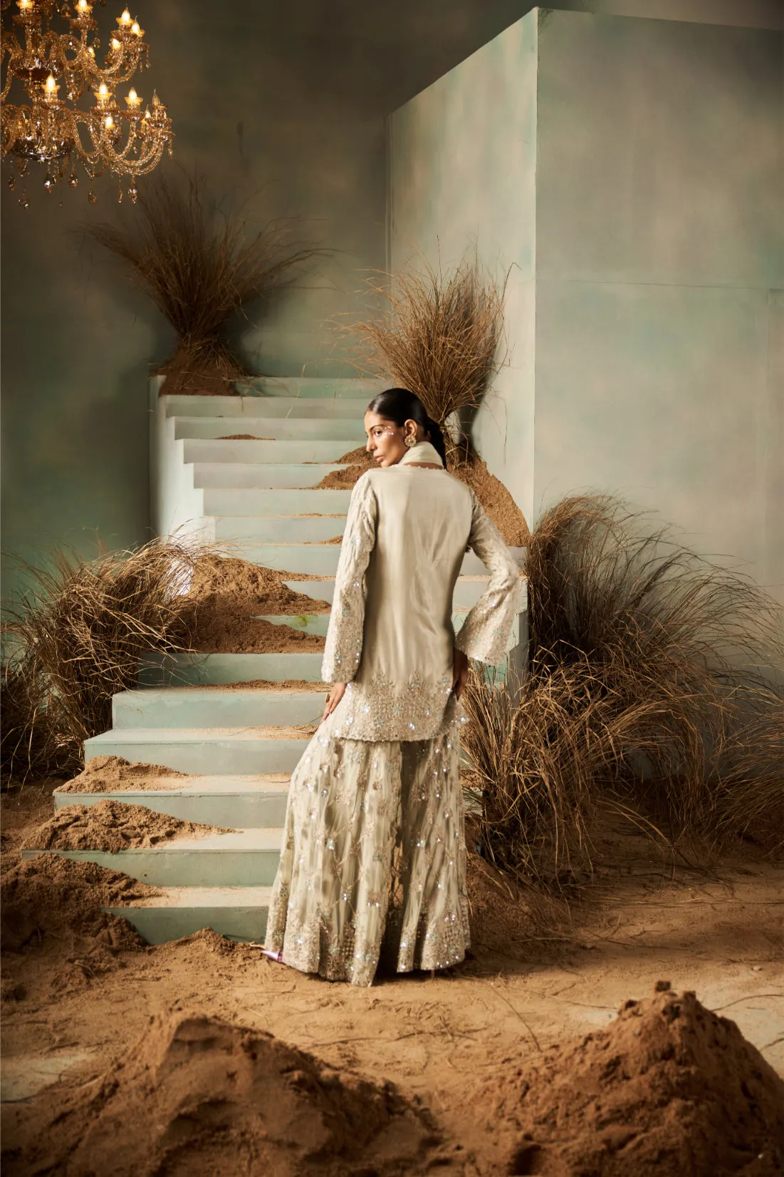 Sage Green Embroidered Sharara Set