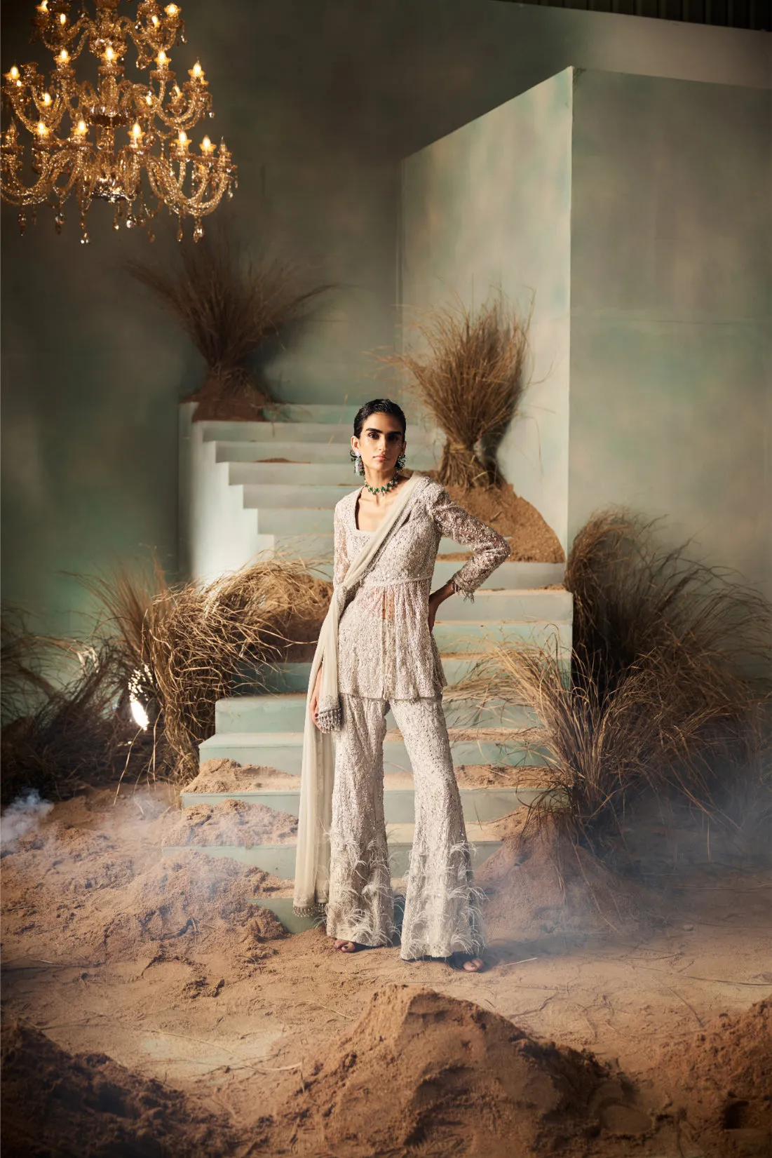 Silver Embroidered Sharara with Peplum Kurta and Dupatta
