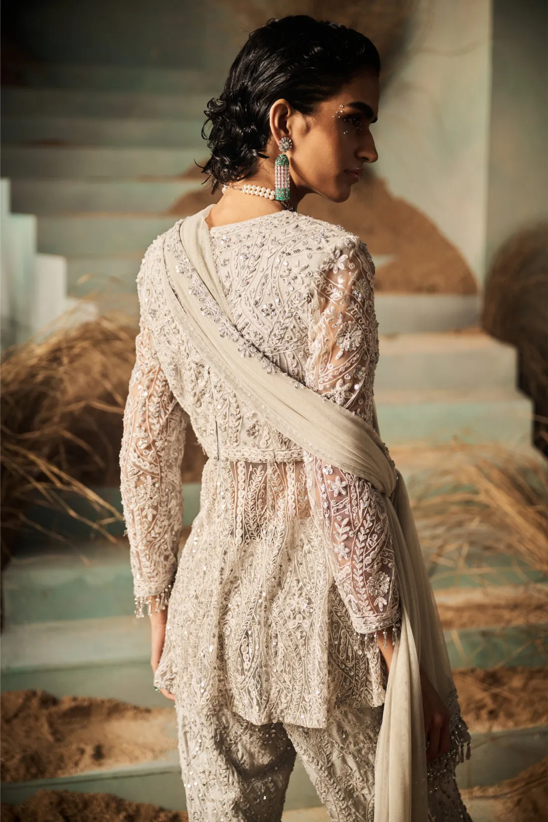 Silver Embroidered Sharara with Peplum Kurta and Dupatta