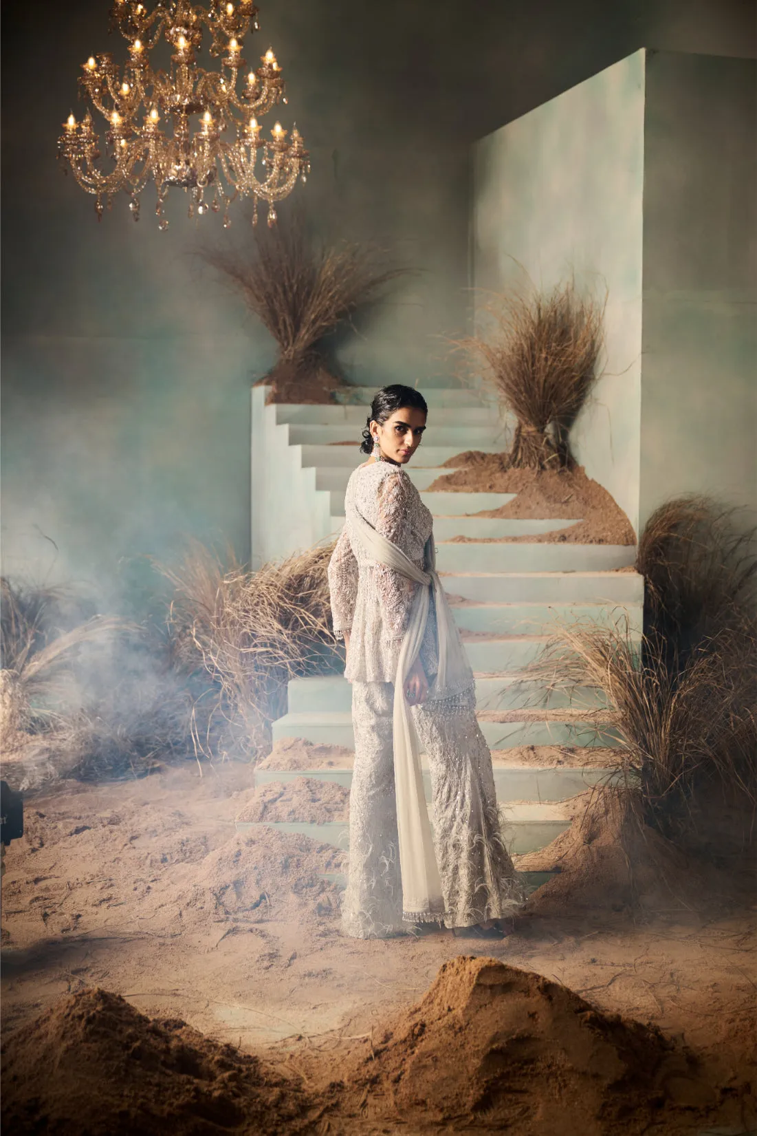 Silver Embroidered Sharara with Peplum Kurta and Dupatta