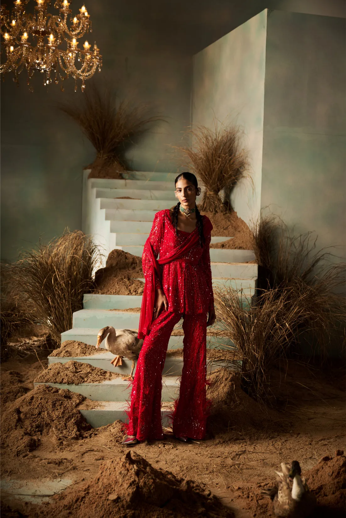 Red Sequin Embroidered Sharara with Peplum Kurta and Dupatta