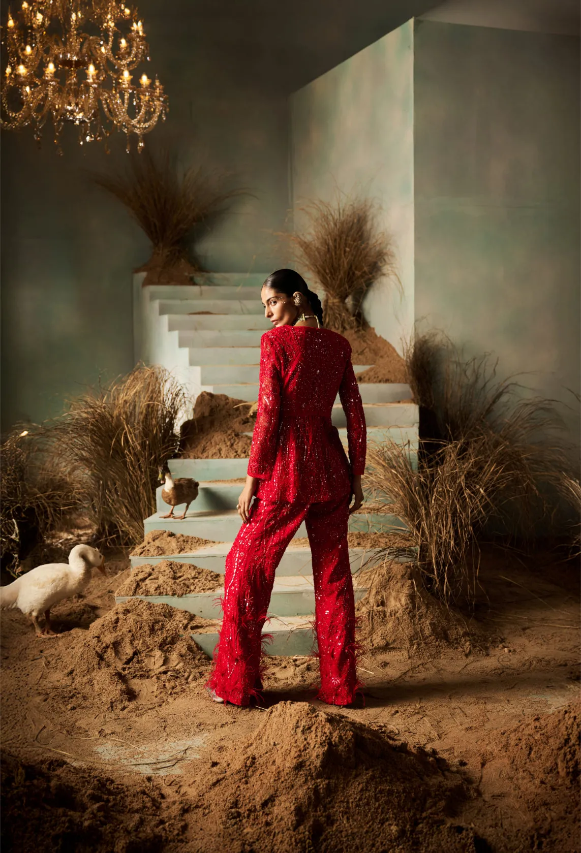 Red Sequin Embroidered Sharara with Peplum Kurta and Dupatta