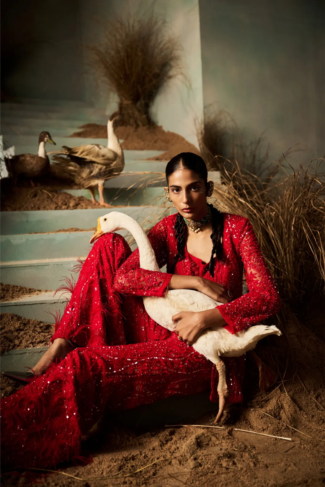 Red Sequin Embroidered Sharara with Peplum Kurta and Dupatta