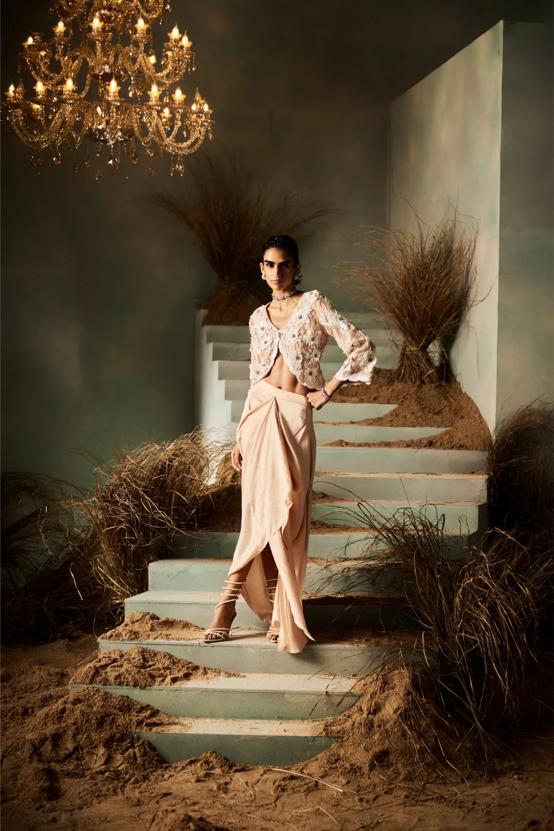 Nude Draped Skirt with Embroidered Sheer Blouse