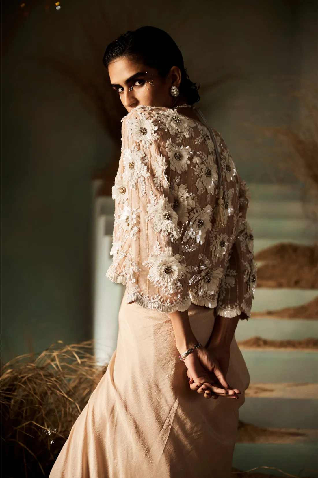 Nude Draped Skirt with Embroidered Sheer Blouse