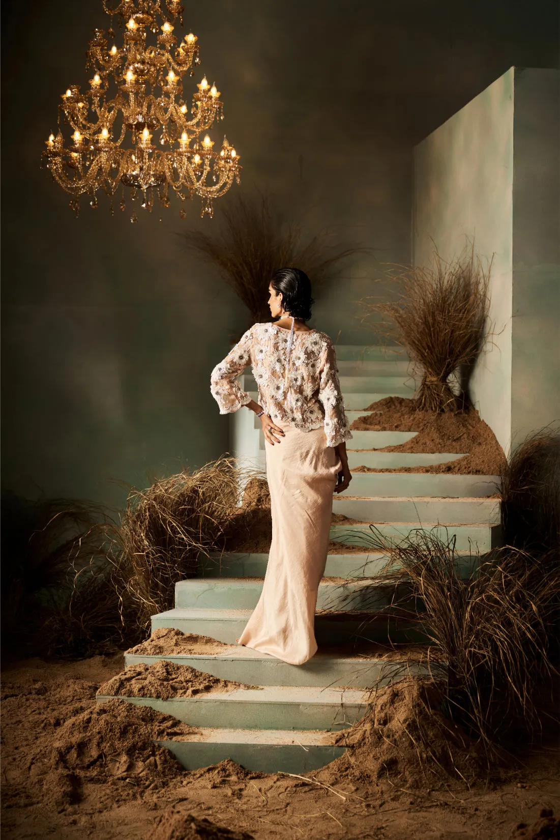 Nude Draped Skirt with Embroidered Sheer Blouse