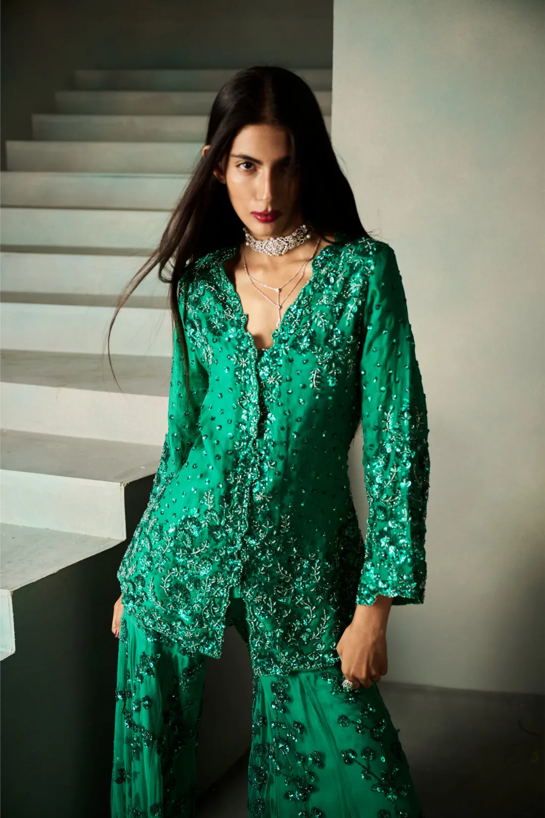Emerald Green Sequin Embroidered Sharara with Kurta