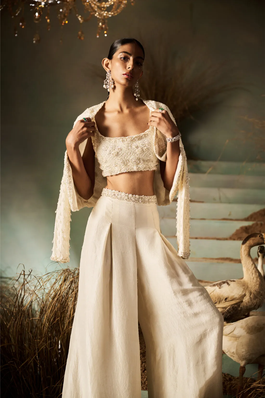 Ivory Co-ord Set with Pearl Embellished Blouse and Cape