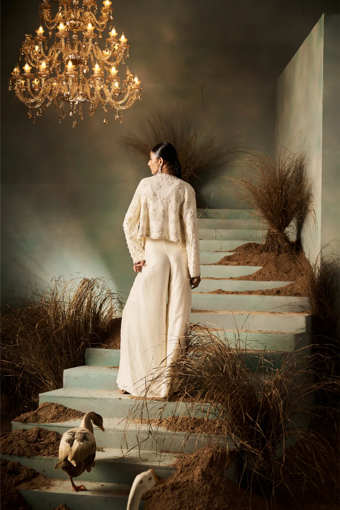Ivory Co-ord Set with Pearl Embellished Blouse and Cape