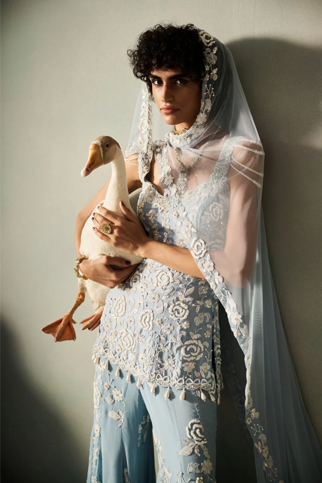 Powder Blue Sharara with Ivory Threadwork and Sheer Veil
