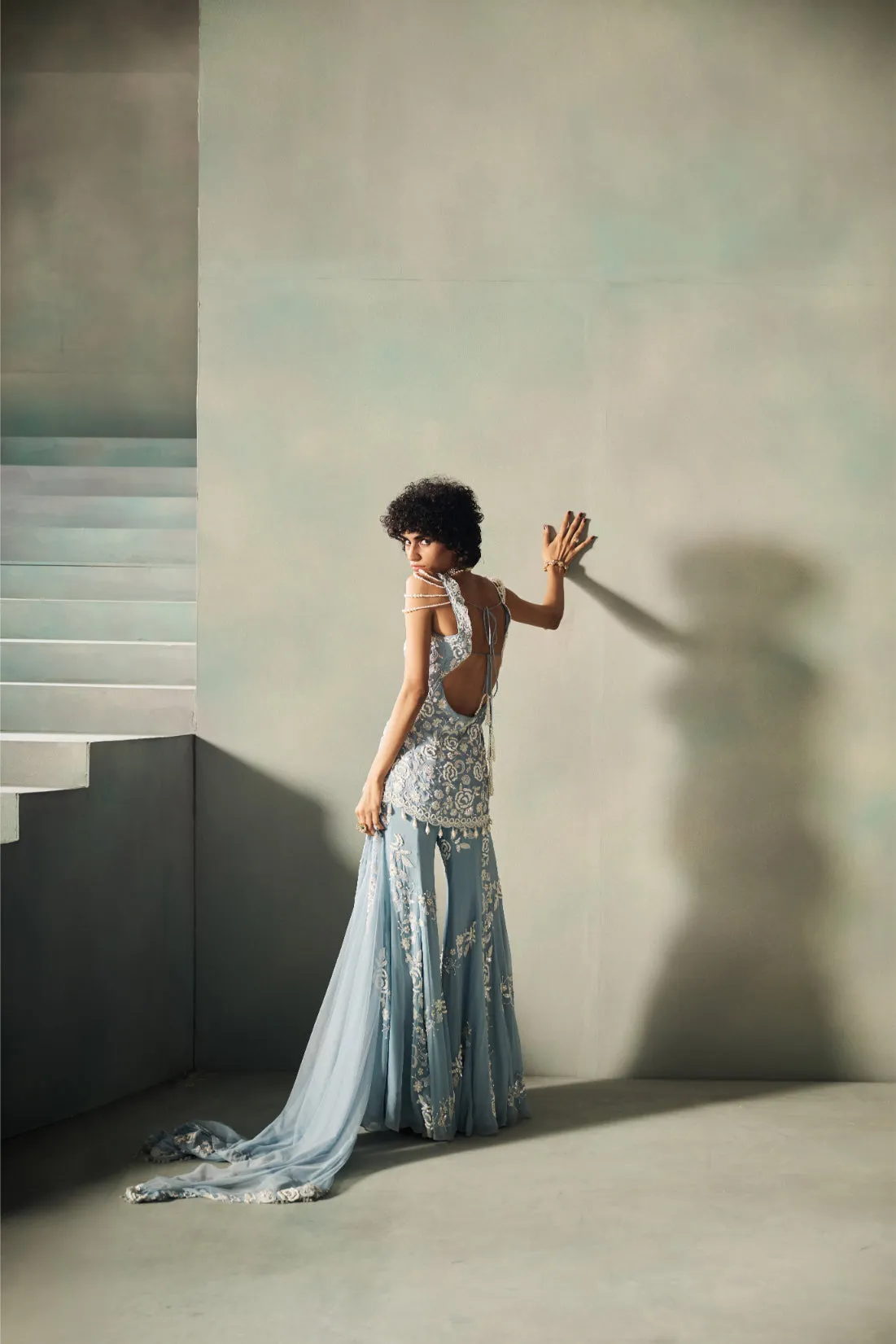 Powder Blue Sharara with Ivory Threadwork and Sheer Veil
