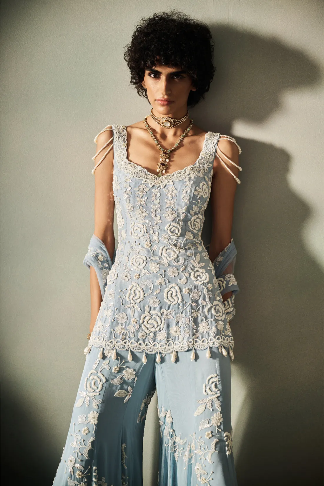 Powder Blue Sharara with Ivory Threadwork and Sheer Veil