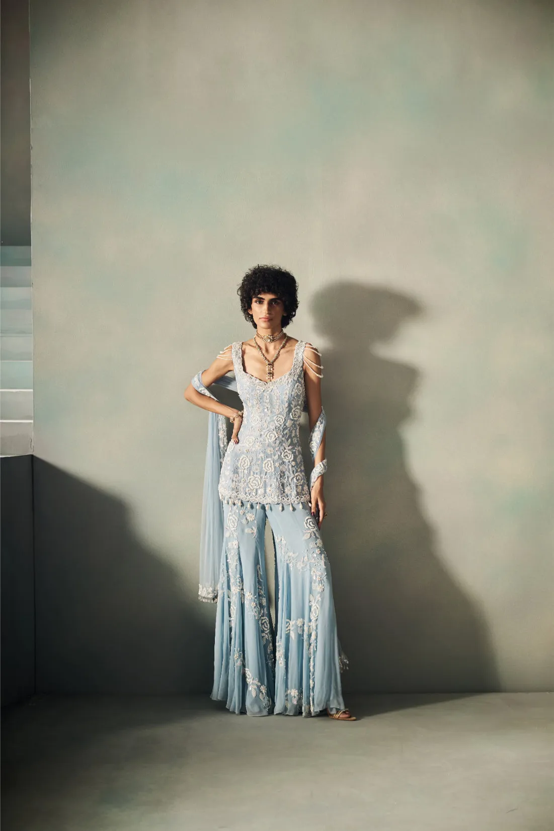 Powder Blue Sharara with Ivory Threadwork and Sheer Veil
