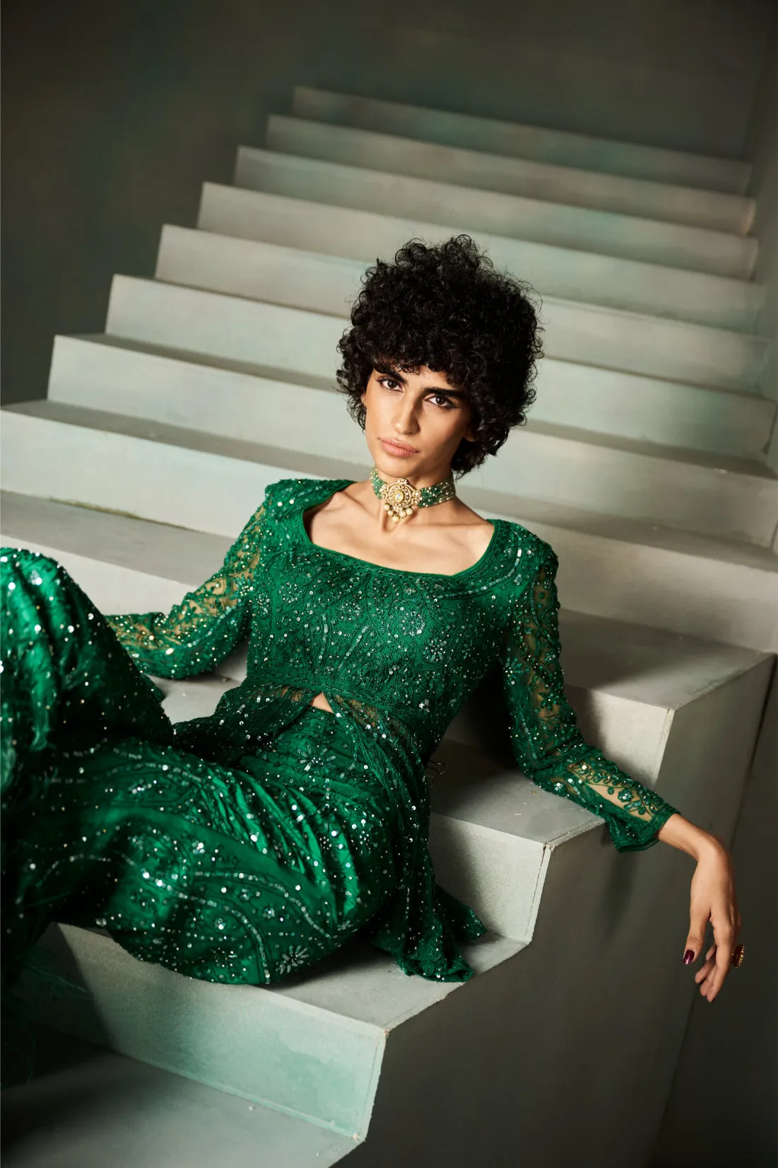 Emerald Green Embellished Sharara with Peplum Kurta