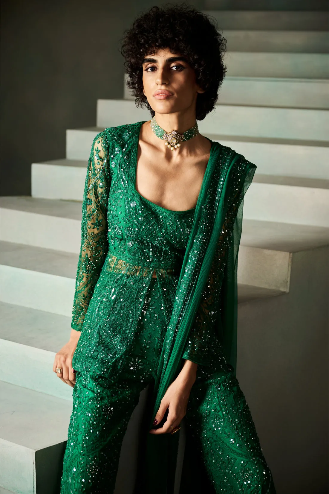 Emerald Green Embellished Sharara with Peplum Kurta