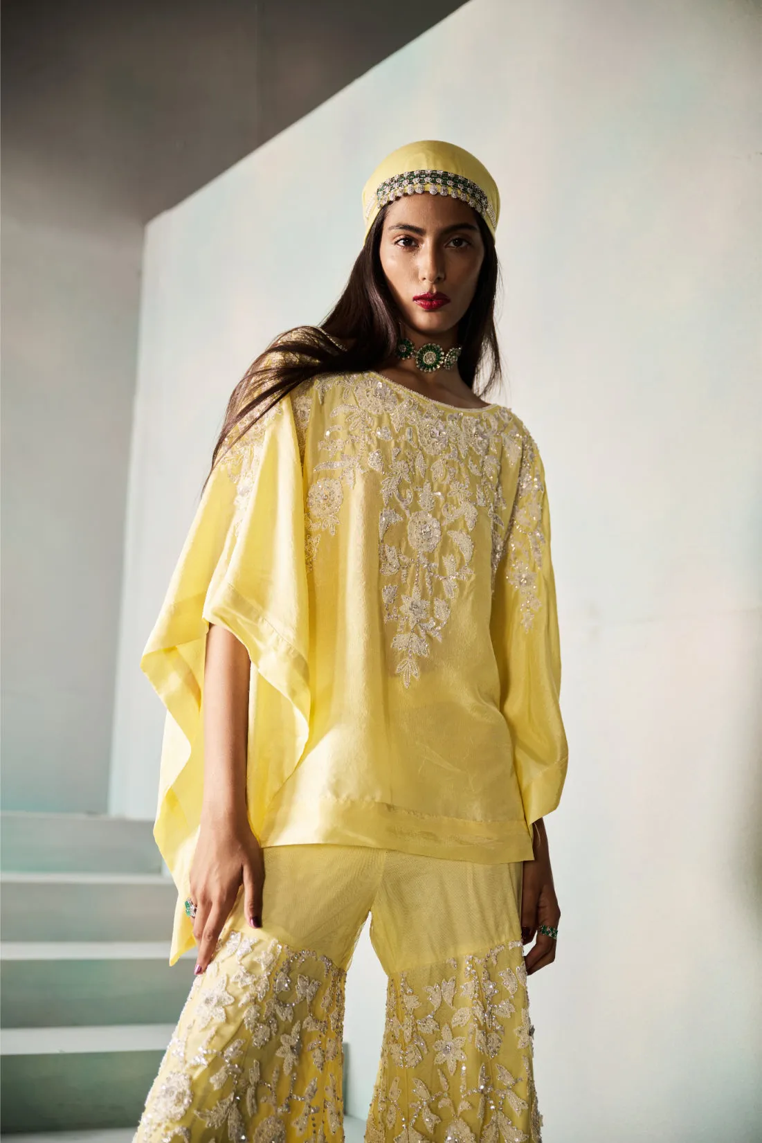 Lemon Yellow Embroidered Kurta with Wide-Leg Trousers