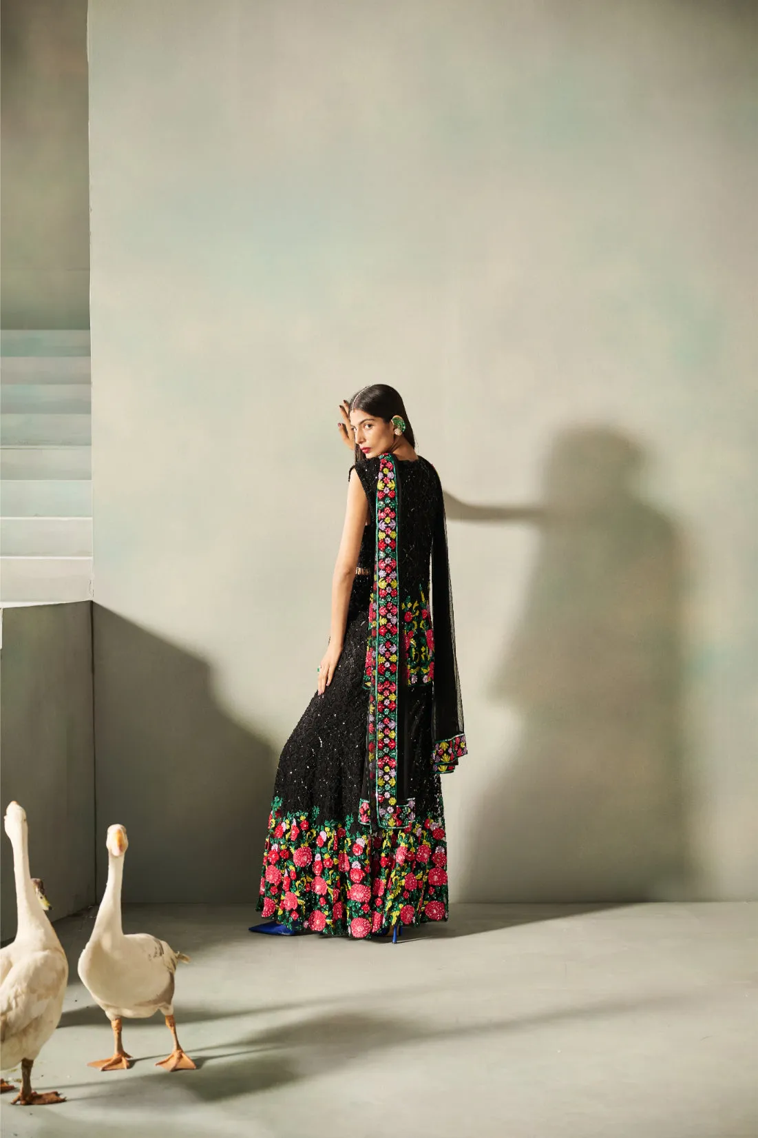 Black Sequin Sharara with Multicolour Floral Embroidery