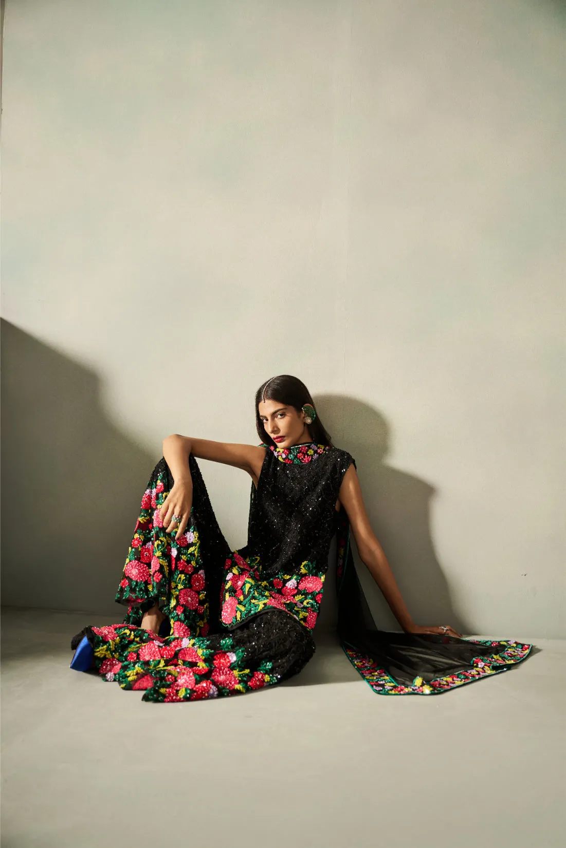 Black Sequin Sharara with Multicolour Floral Embroidery