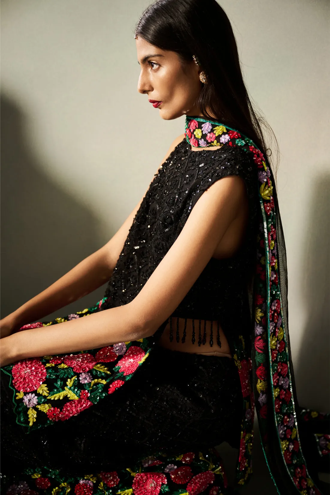 Black Sequin Sharara with Multicolour Floral Embroidery