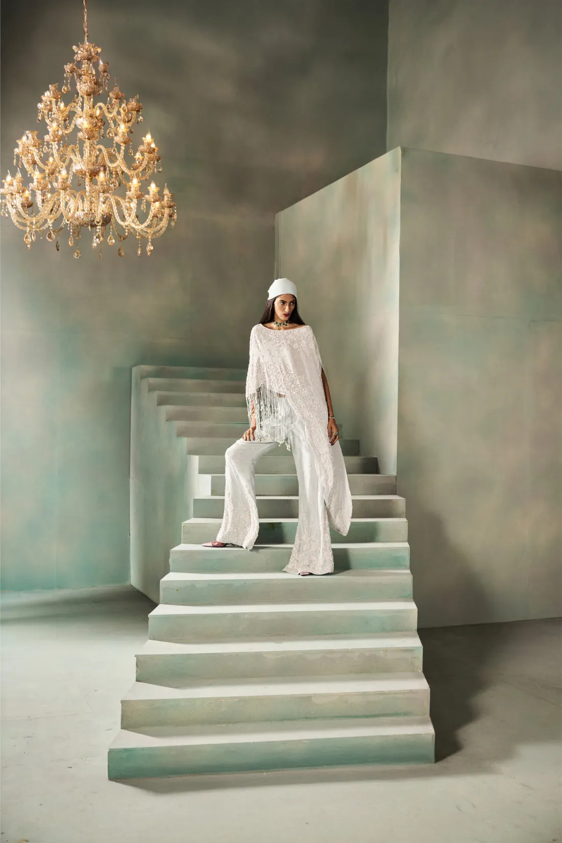 White Embellished Kaftan with Fringe Detailing and Wide-Leg Pants