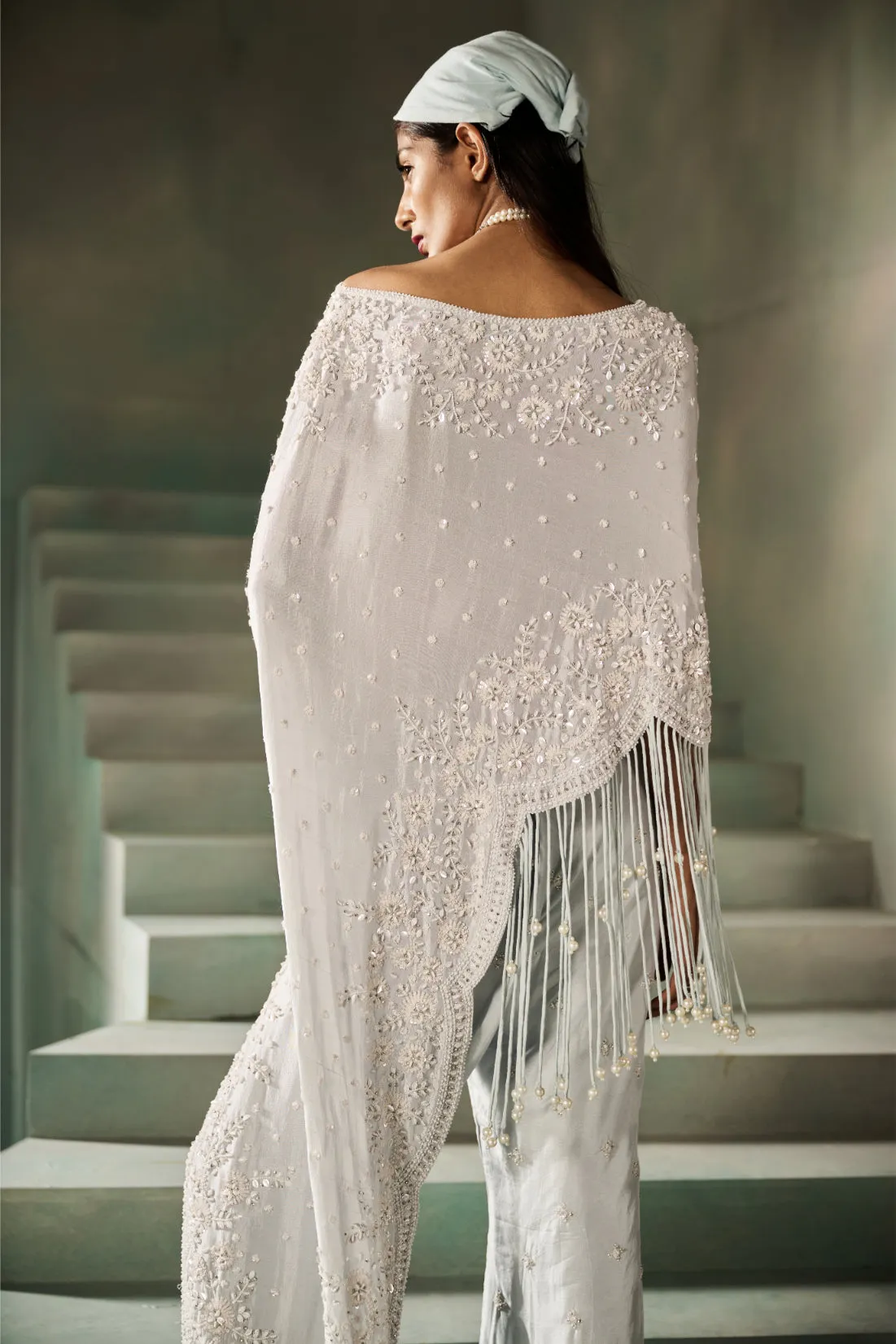 White Embellished Kaftan with Fringe Detailing and Wide-Leg Pants
