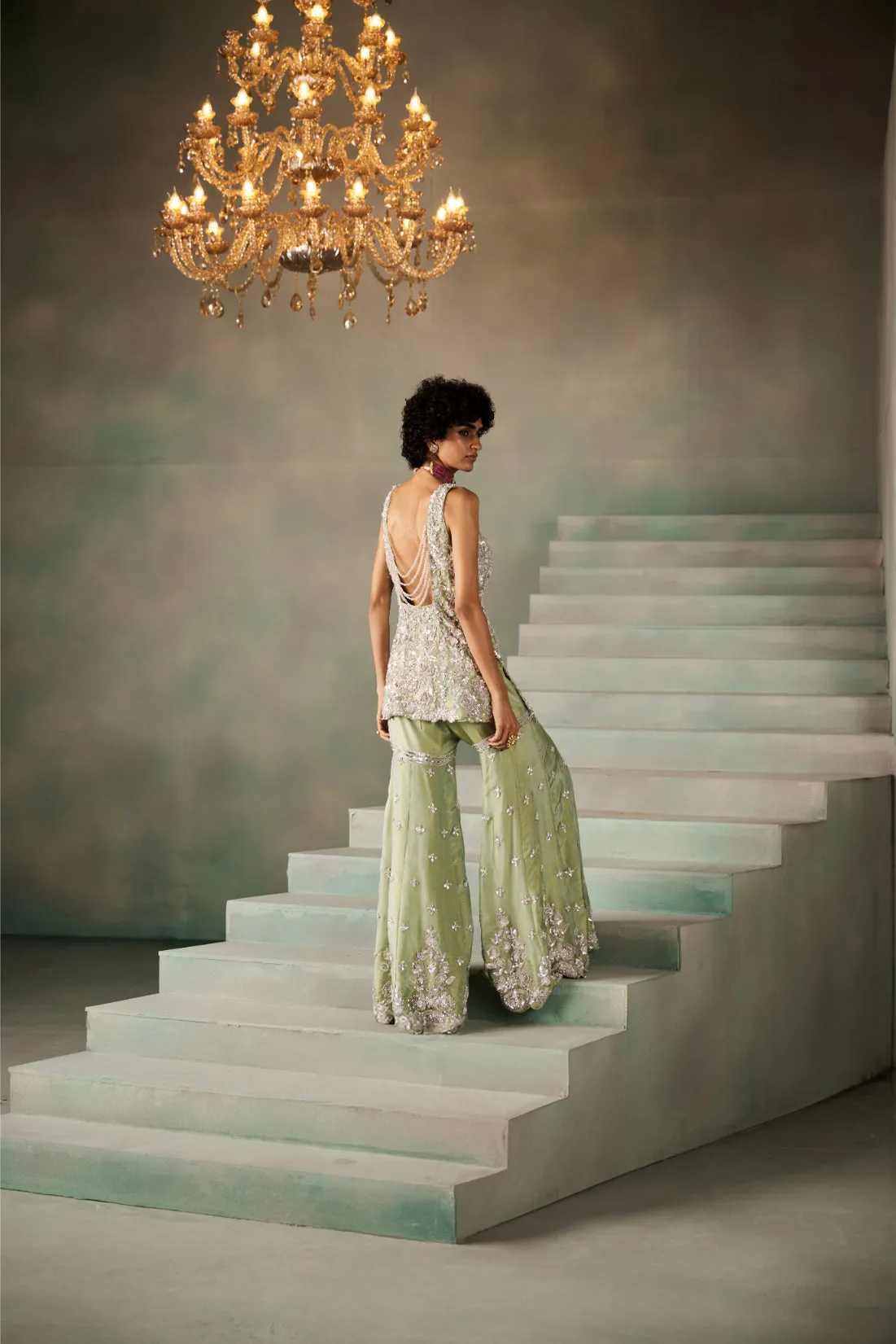 Sage Green Embellished Kurta with Flared Sharara Pants