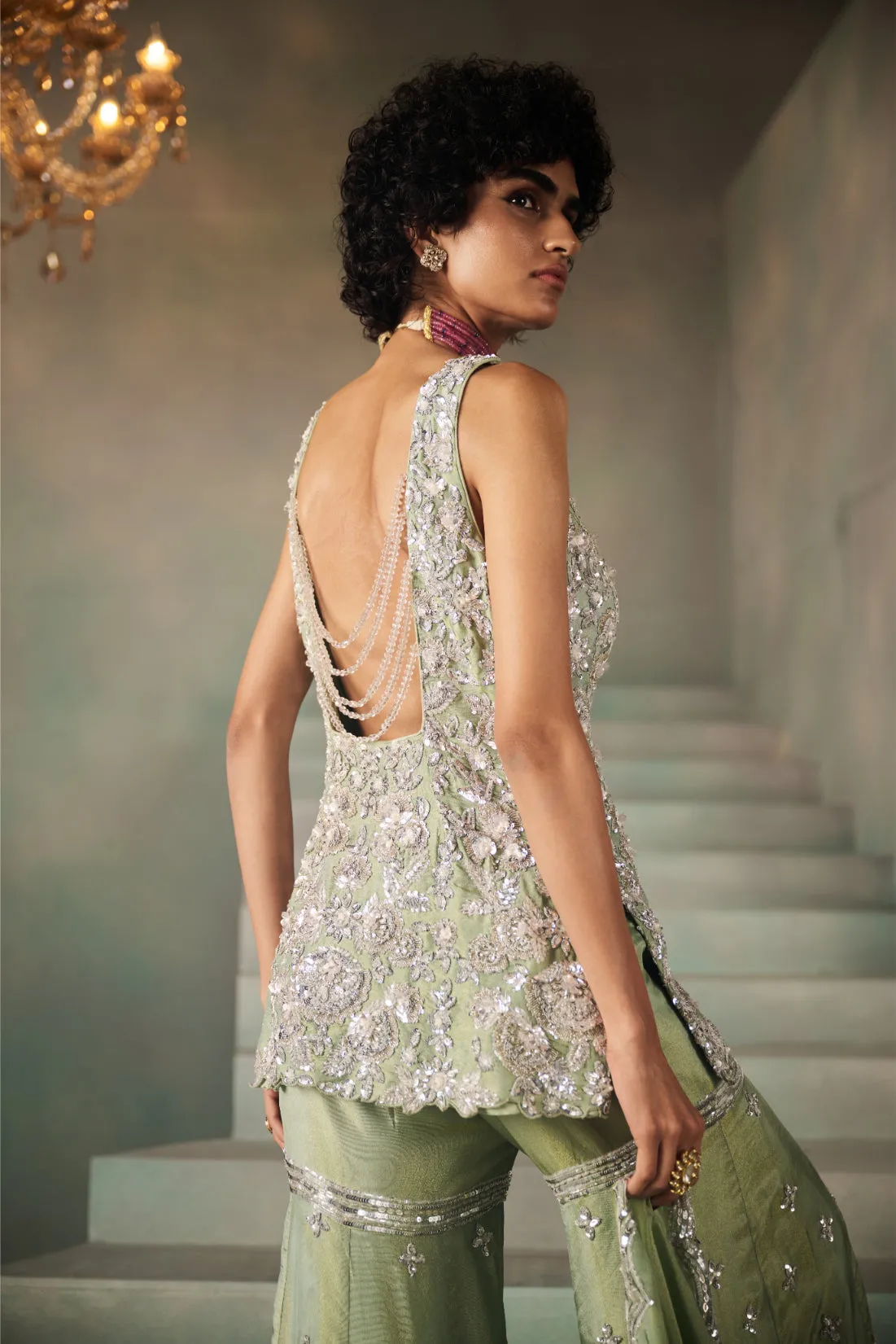 Sage Green Embellished Kurta with Flared Sharara Pants