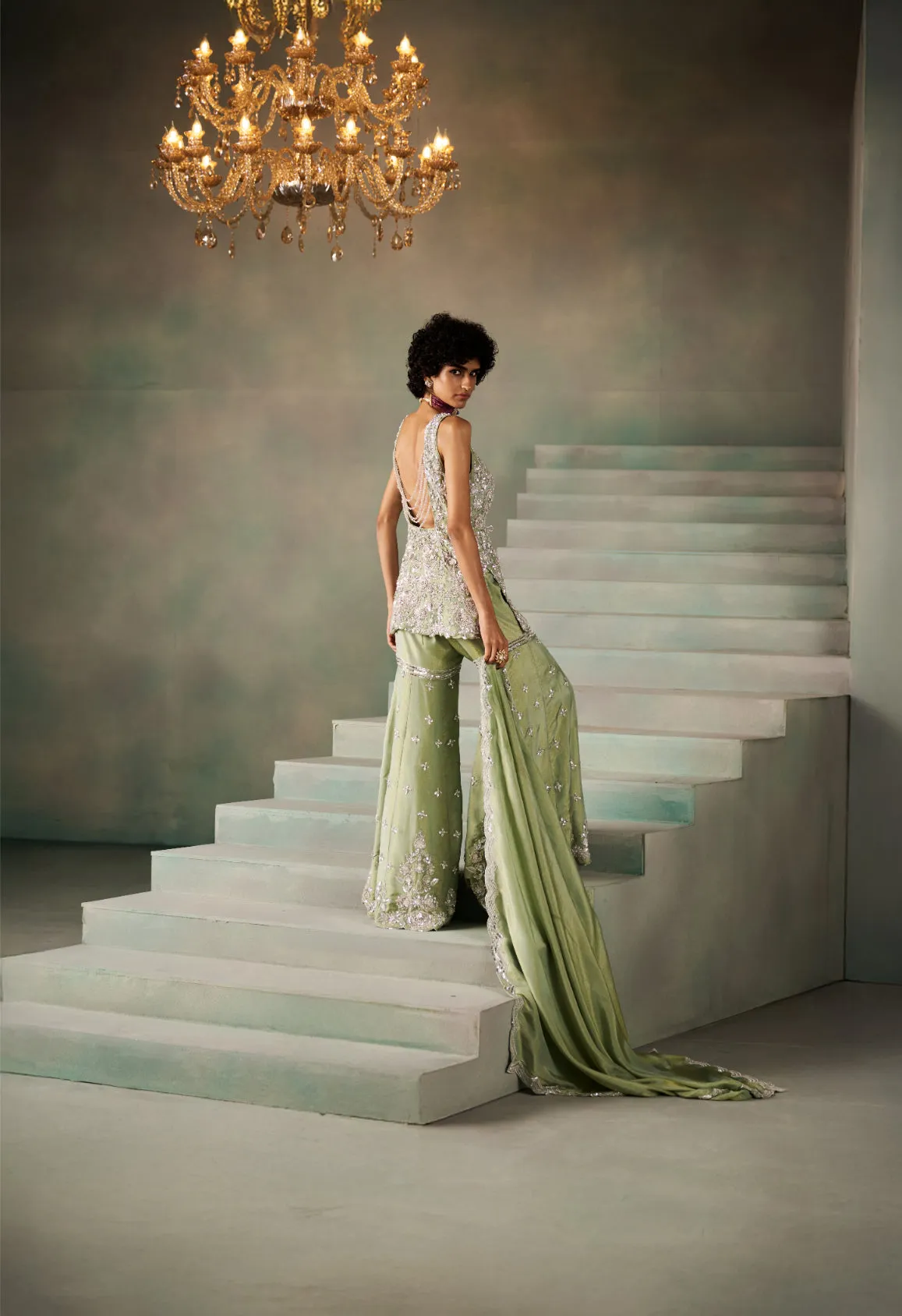 Sage Green Embellished Kurta with Flared Sharara Pants