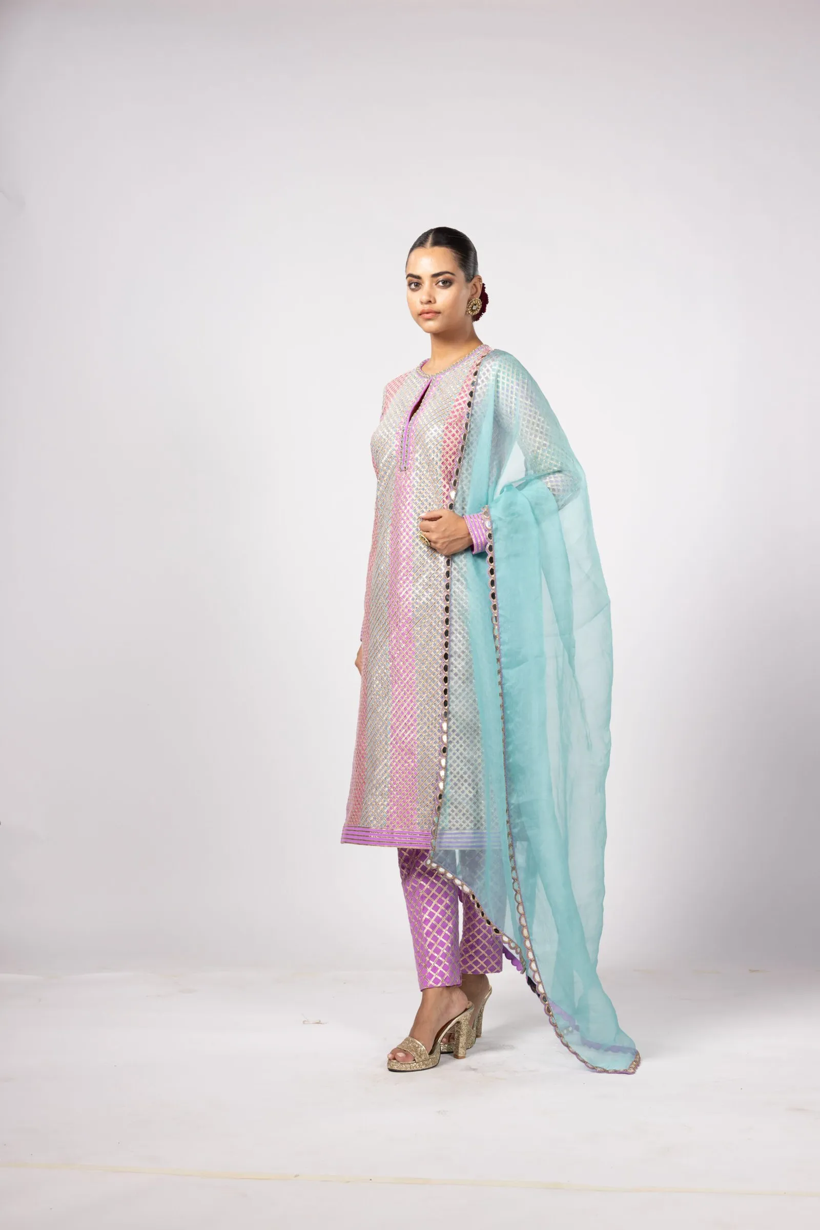 Pastel Pink and Silver Kurta with Aqua Dupatta