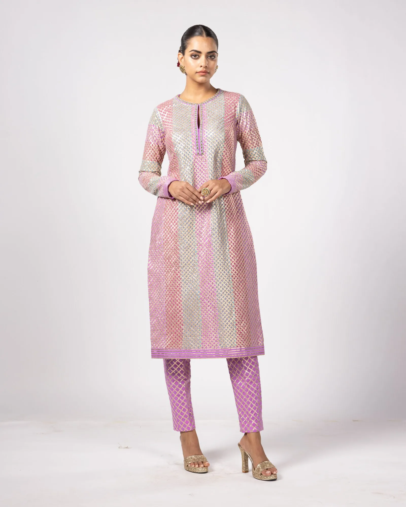 Pink and Silver Striped Kurta with Slim Pants