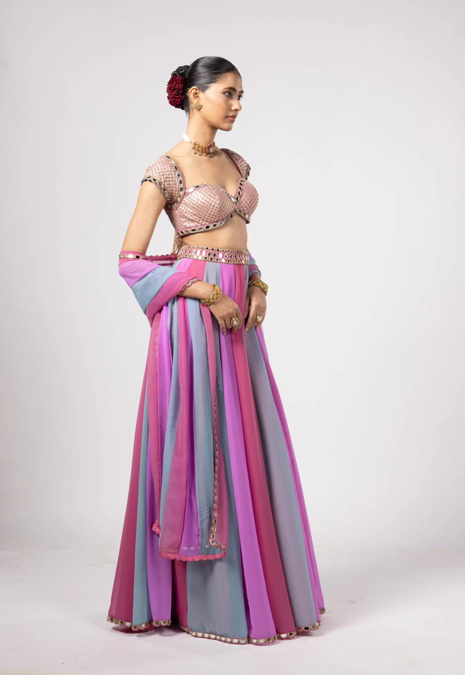 Pink & Lilac Striped Mirror Blouse Lehenga