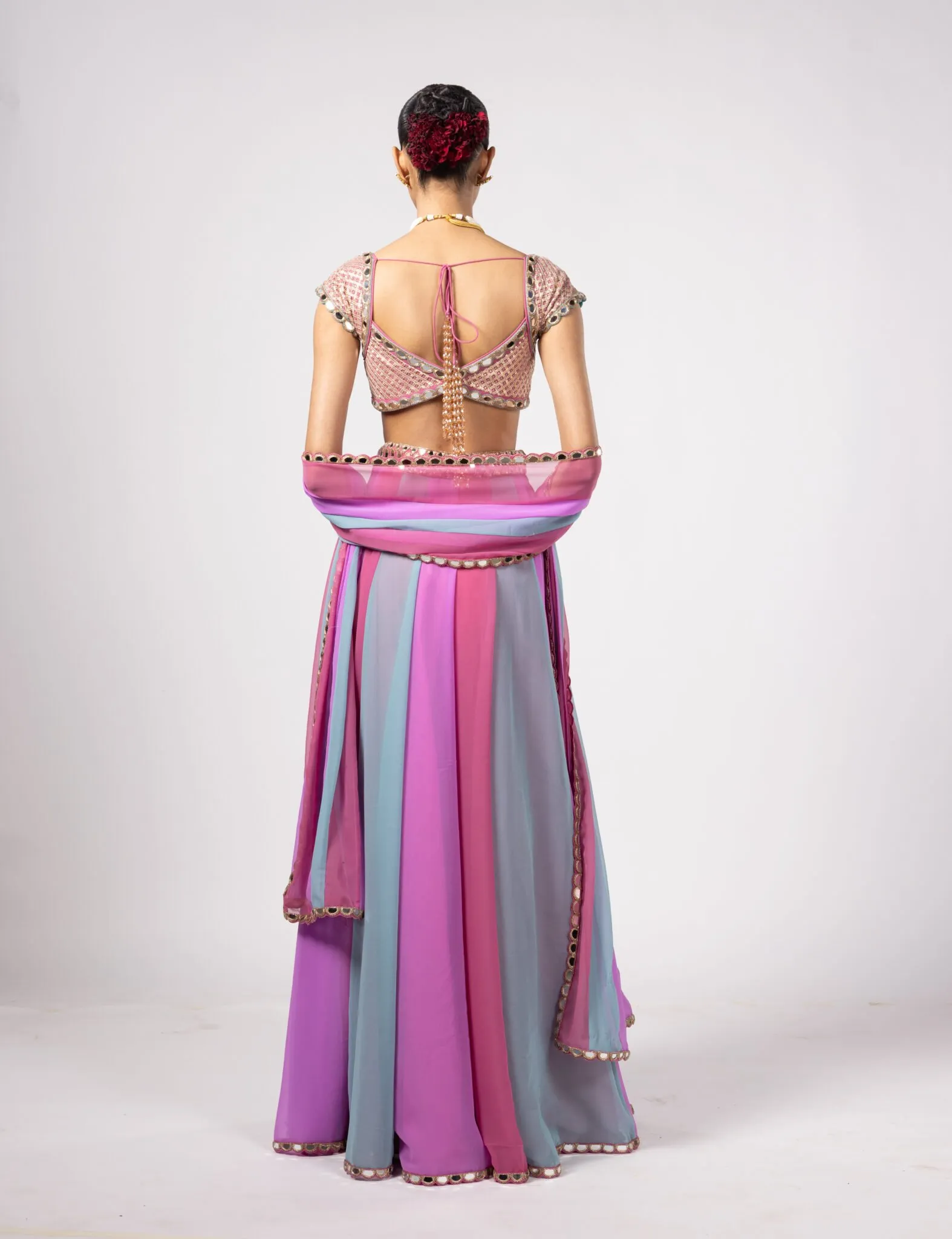 Pink & Lilac Striped Mirror Blouse Lehenga
