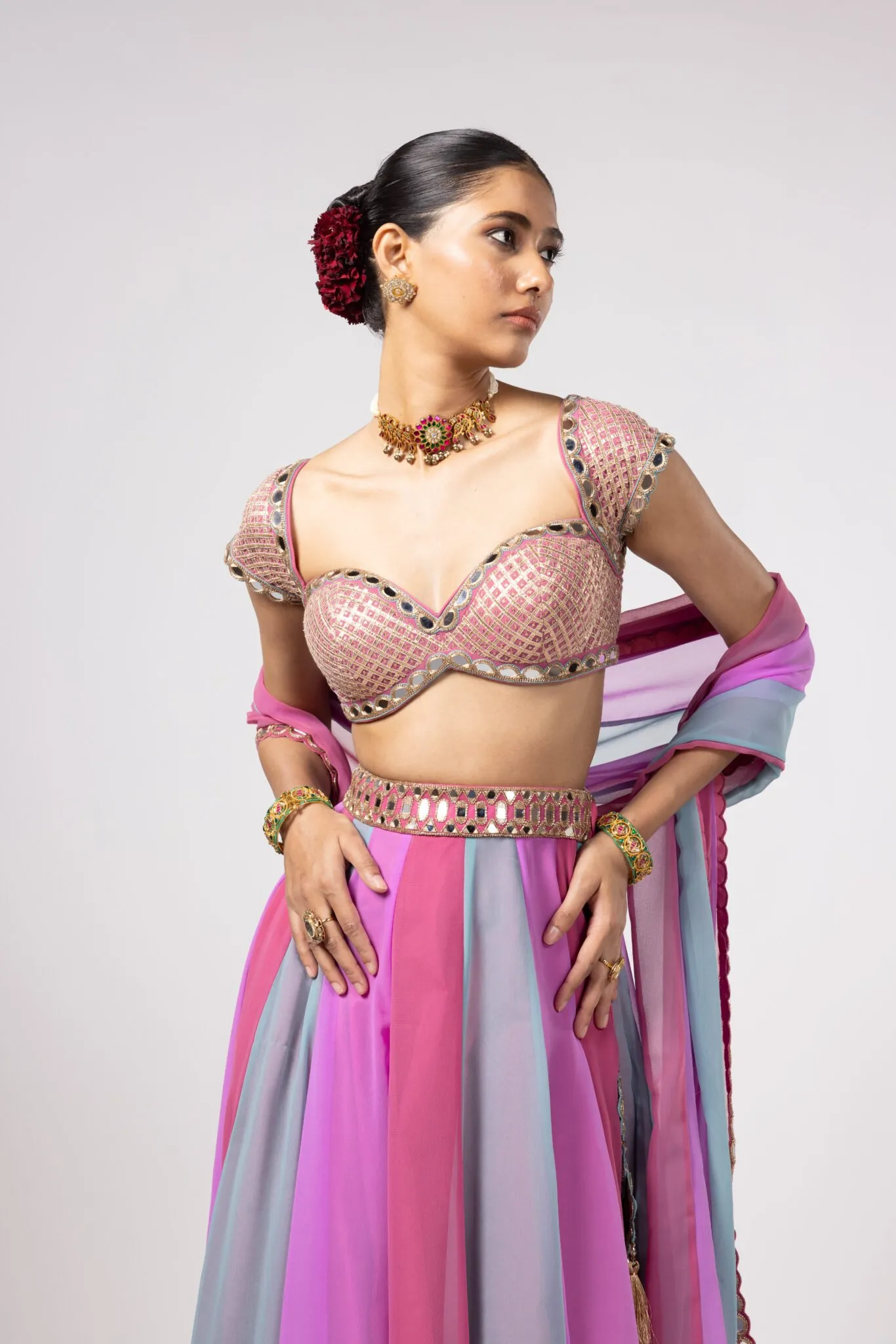 Pink & Lilac Striped Mirror Blouse Lehenga