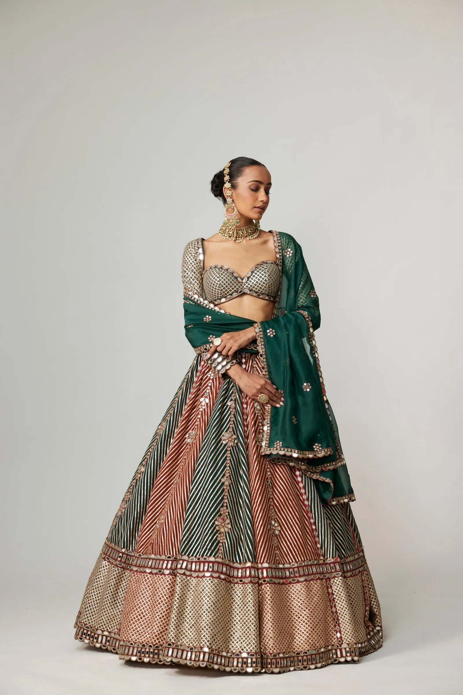 Green & Gold Heavy Mirror Work Lehenga with Velvet Dupatta