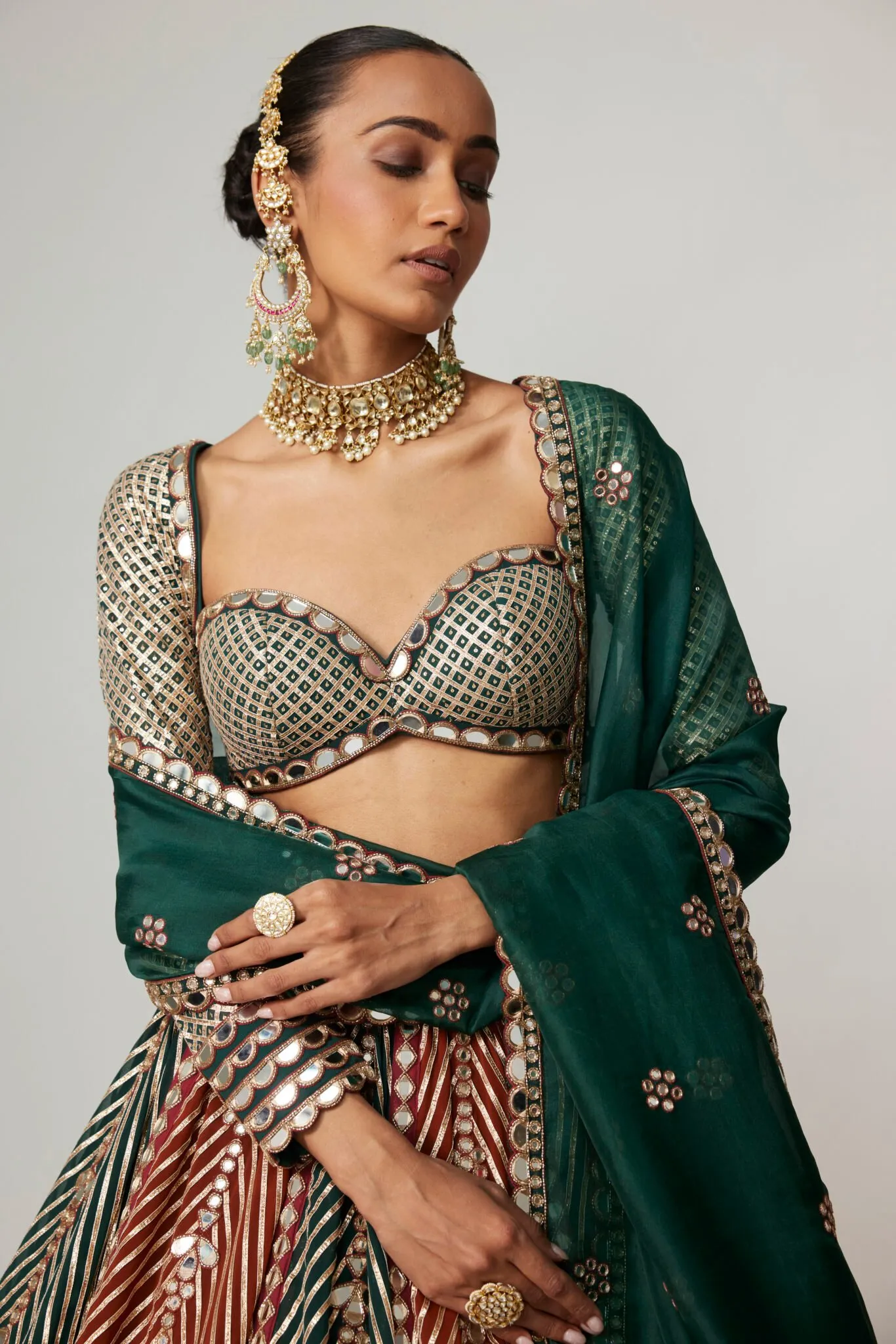 Green & Gold Heavy Mirror Work Lehenga with Velvet Dupatta