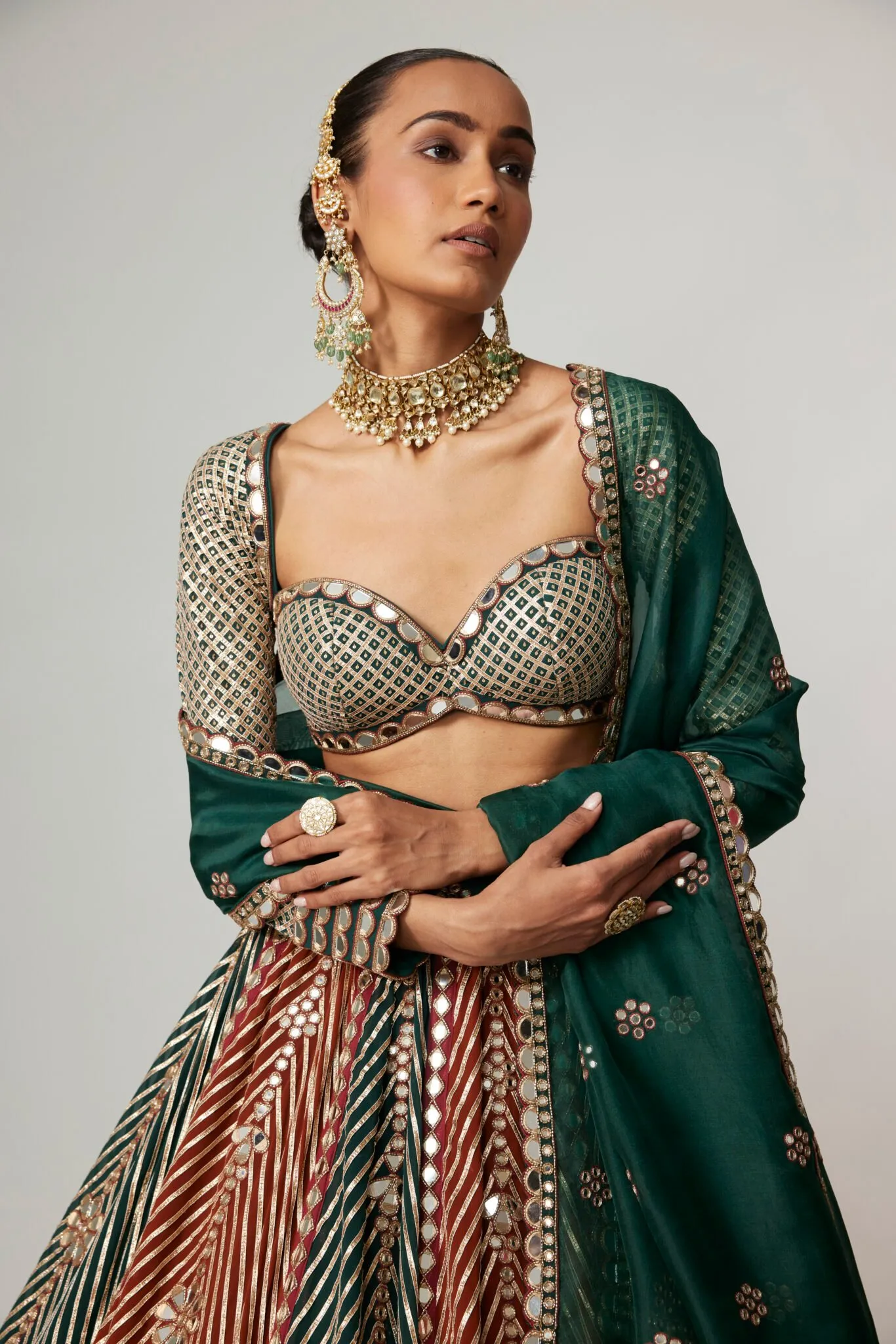 Green & Gold Heavy Mirror Work Lehenga with Velvet Dupatta