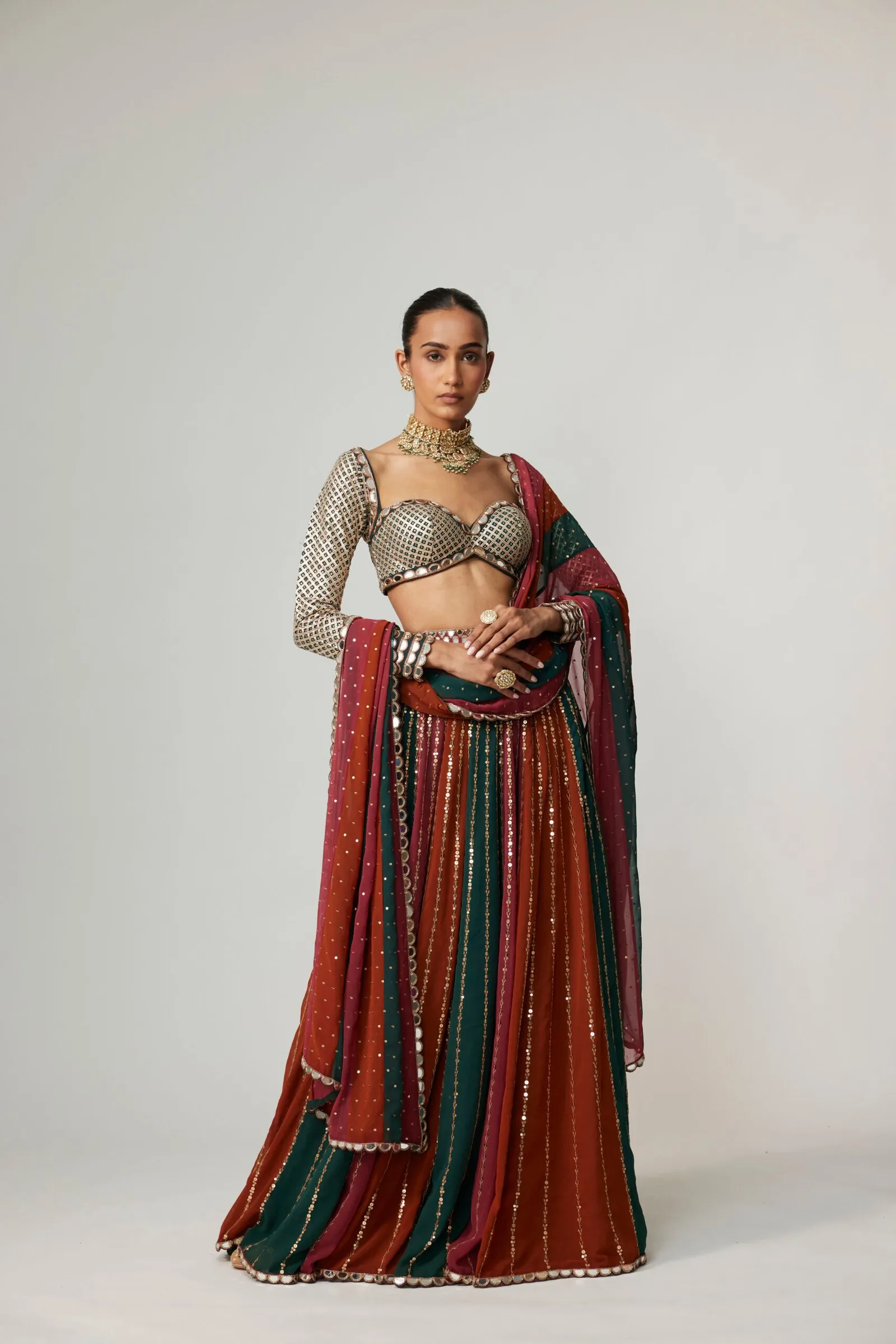 Maroon and Emerald Striped Lehenga with Mirror Blouse & Dupatta