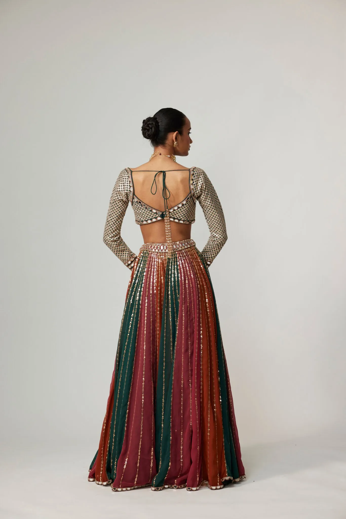 Maroon and Emerald Striped Lehenga with Mirror Blouse & Dupatta