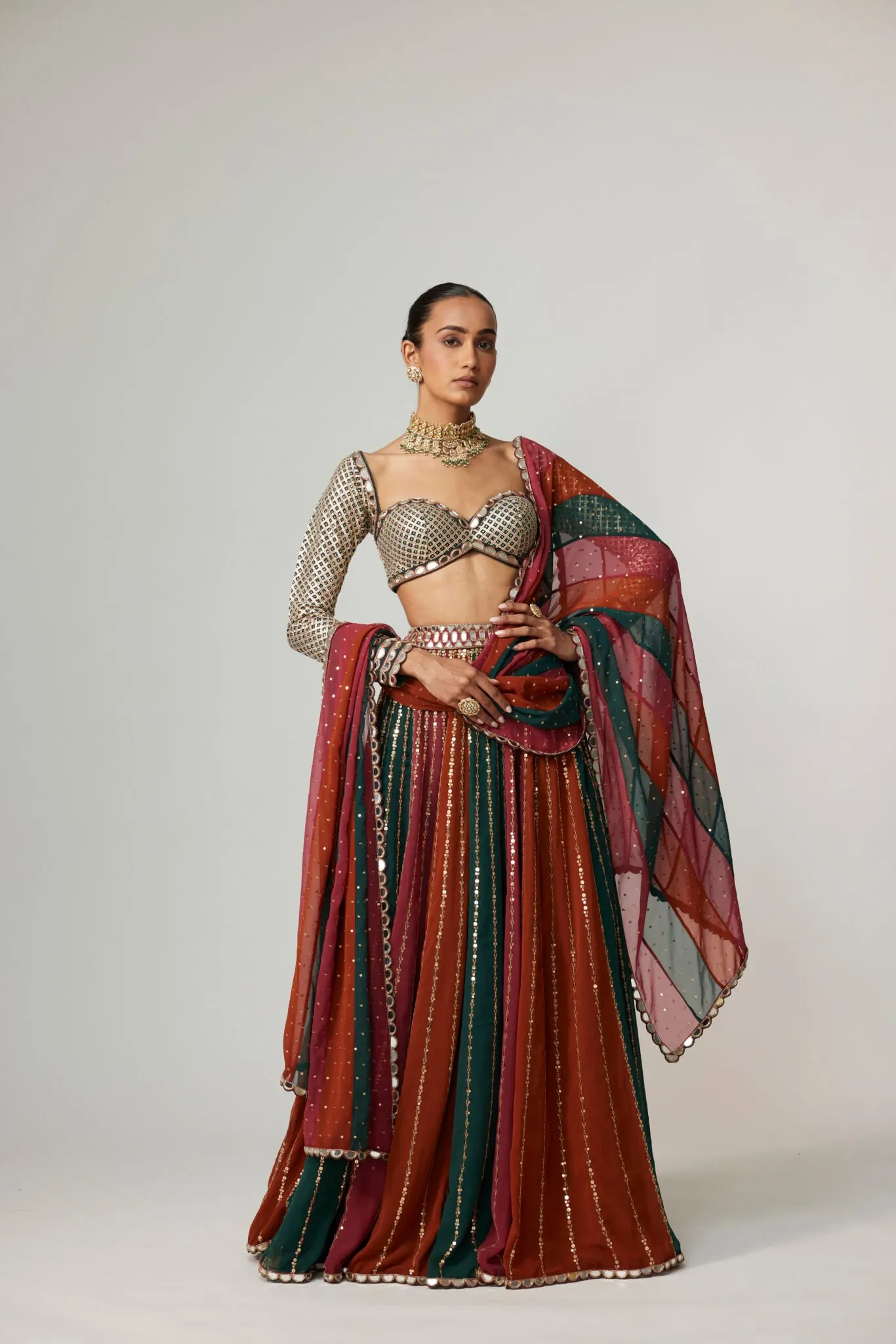 Maroon and Emerald Striped Lehenga with Mirror Blouse & Dupatta