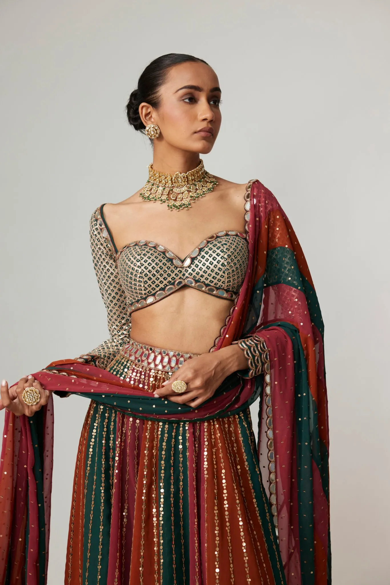 Maroon and Emerald Striped Lehenga with Mirror Blouse & Dupatta