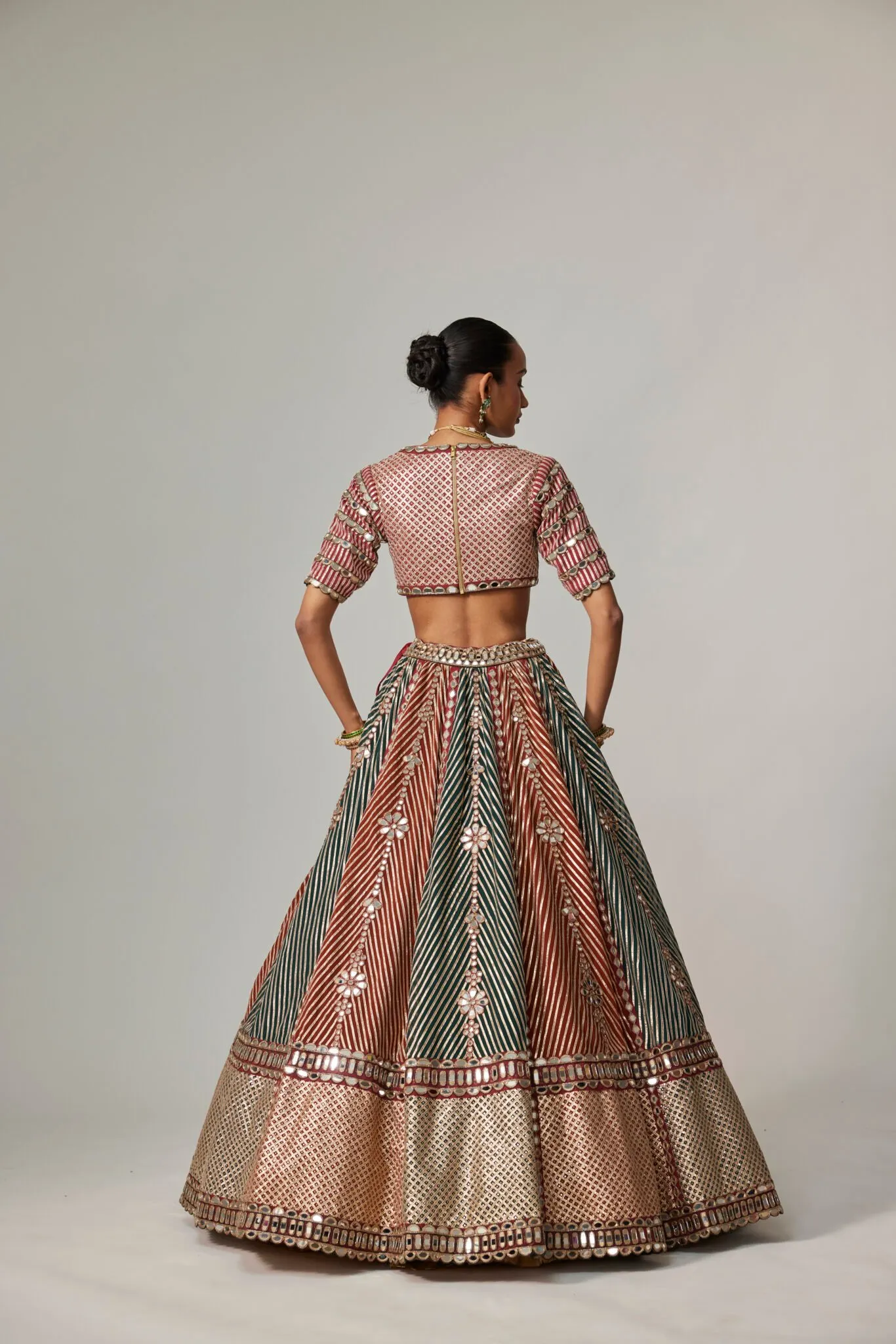 Red & Green Striped Bridal Lehenga with Embellished Blouse and Dupatta