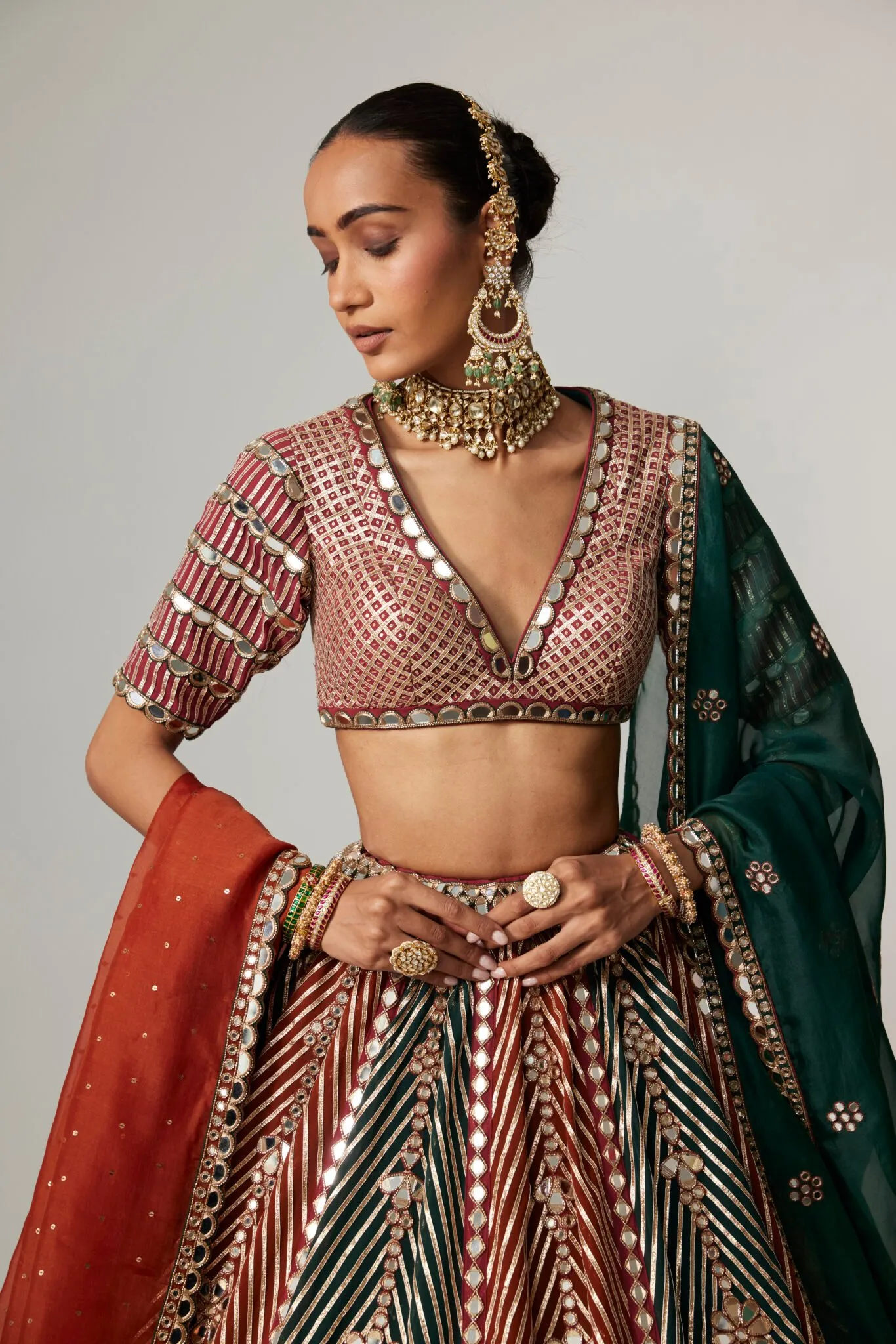 Red & Green Striped Bridal Lehenga with Embellished Blouse and Dupatta