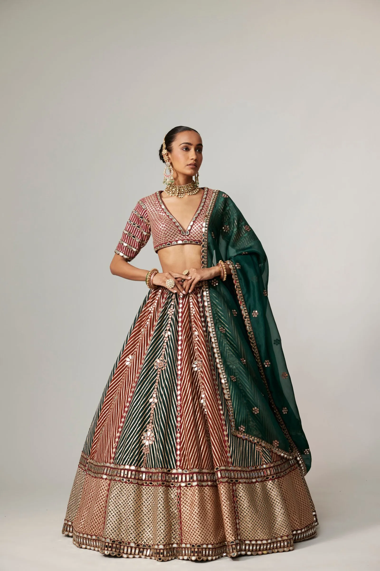 Bridal Green and Red Striped Lehenga with Embellished Blouse & Dupatta