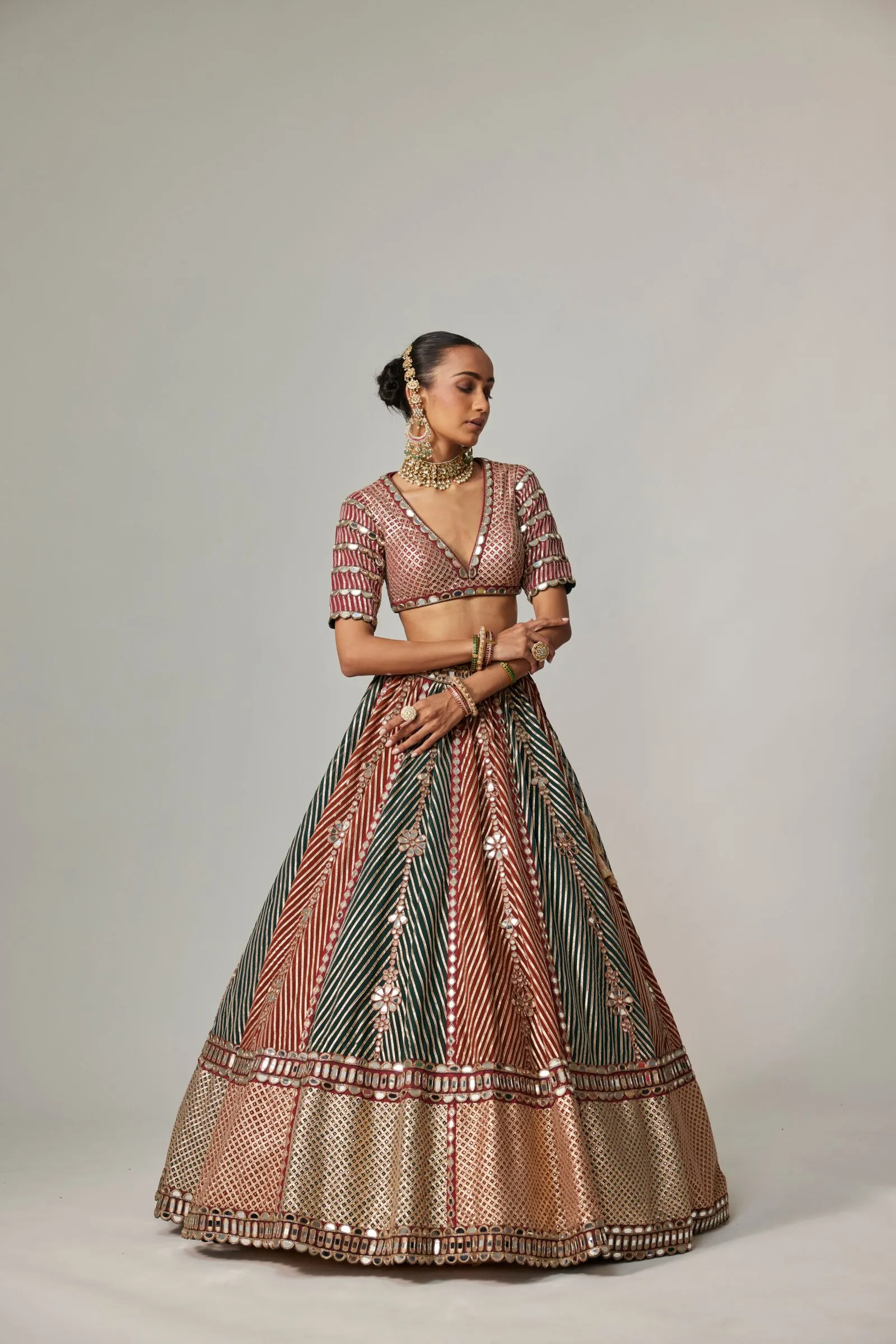 Bridal Green and Red Striped Lehenga with Embellished Blouse & Dupatta