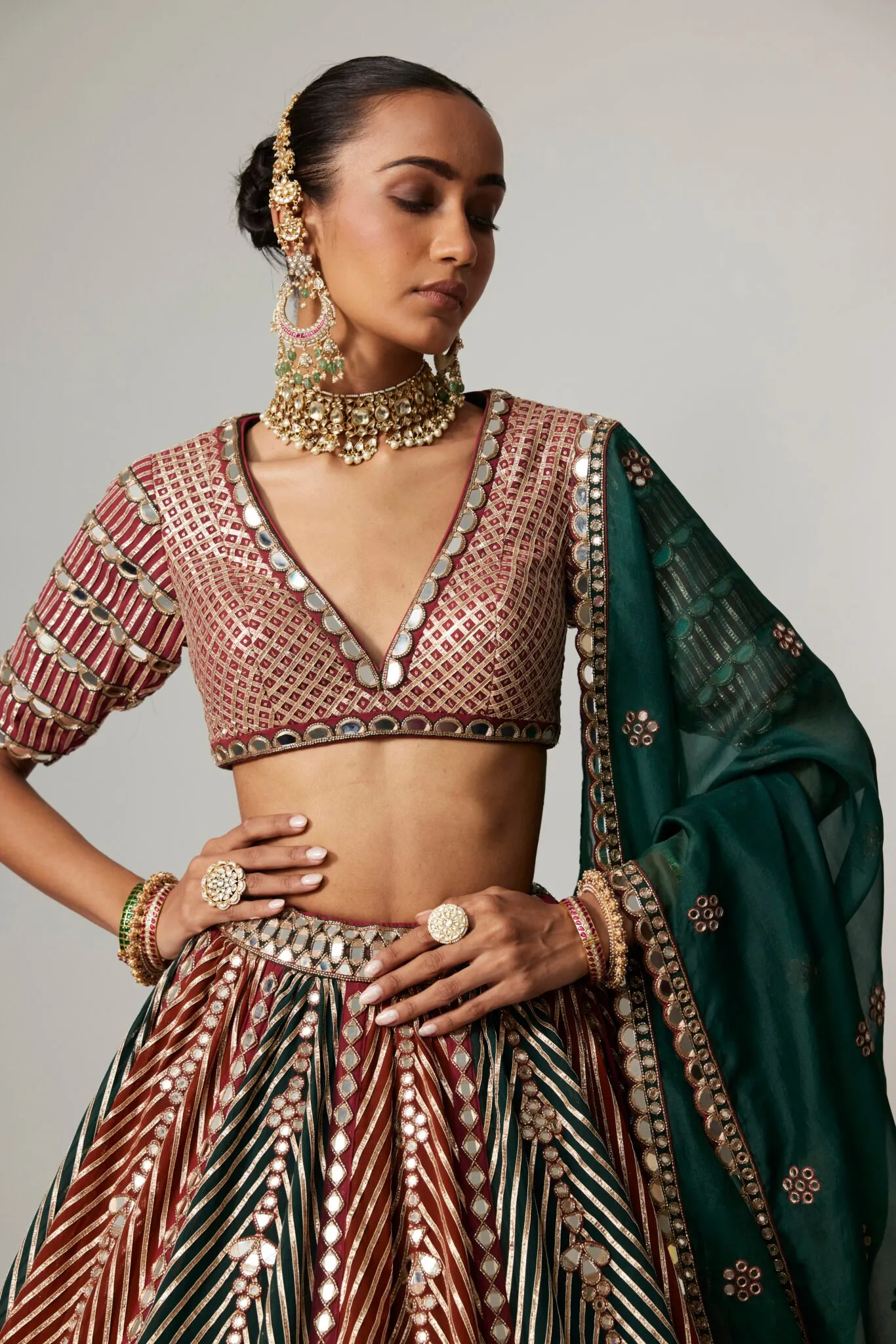 Bridal Green and Red Striped Lehenga with Embellished Blouse & Dupatta
