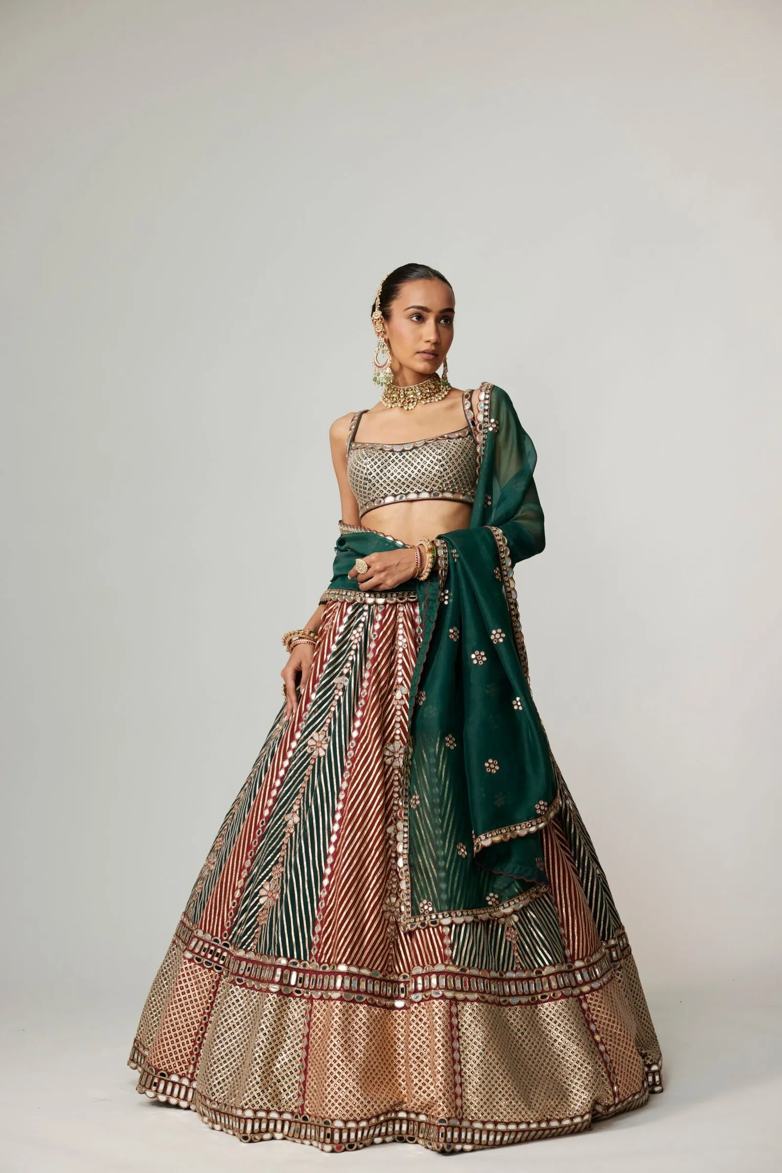 Green and Rust Striped Lehenga with Mirror Blouse & Dupatta