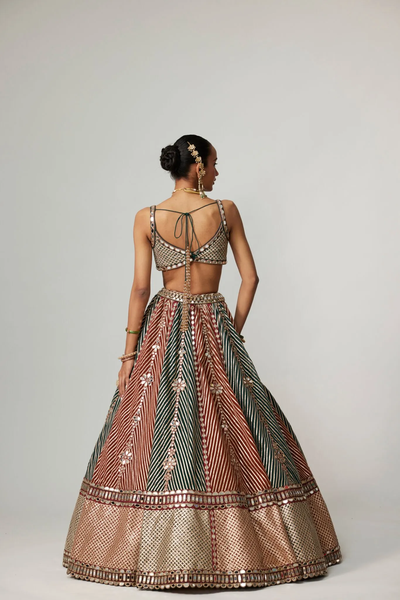 Green and Rust Striped Lehenga with Mirror Blouse & Dupatta