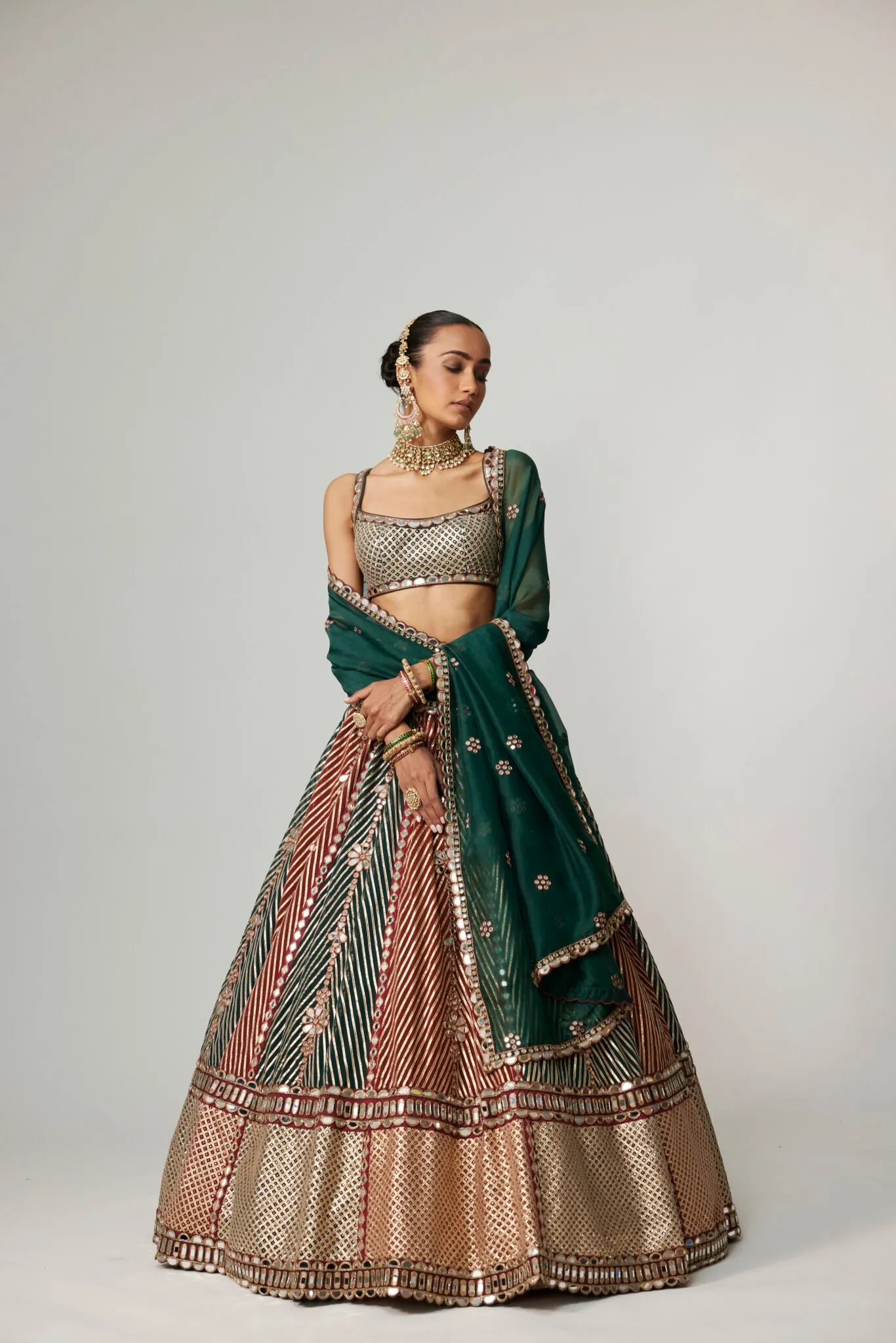 Green and Rust Striped Lehenga with Mirror Blouse & Dupatta