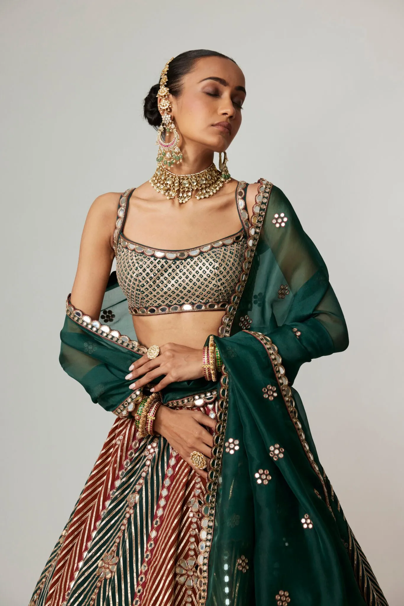 Green and Rust Striped Lehenga with Mirror Blouse & Dupatta